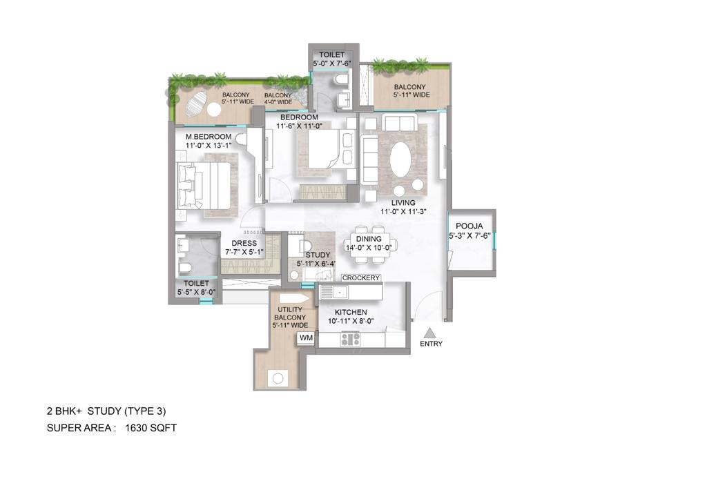 2 Bhk + Study Type 2 (1630)